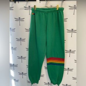 Aviator Nation XL sweatpants, green with stripes.